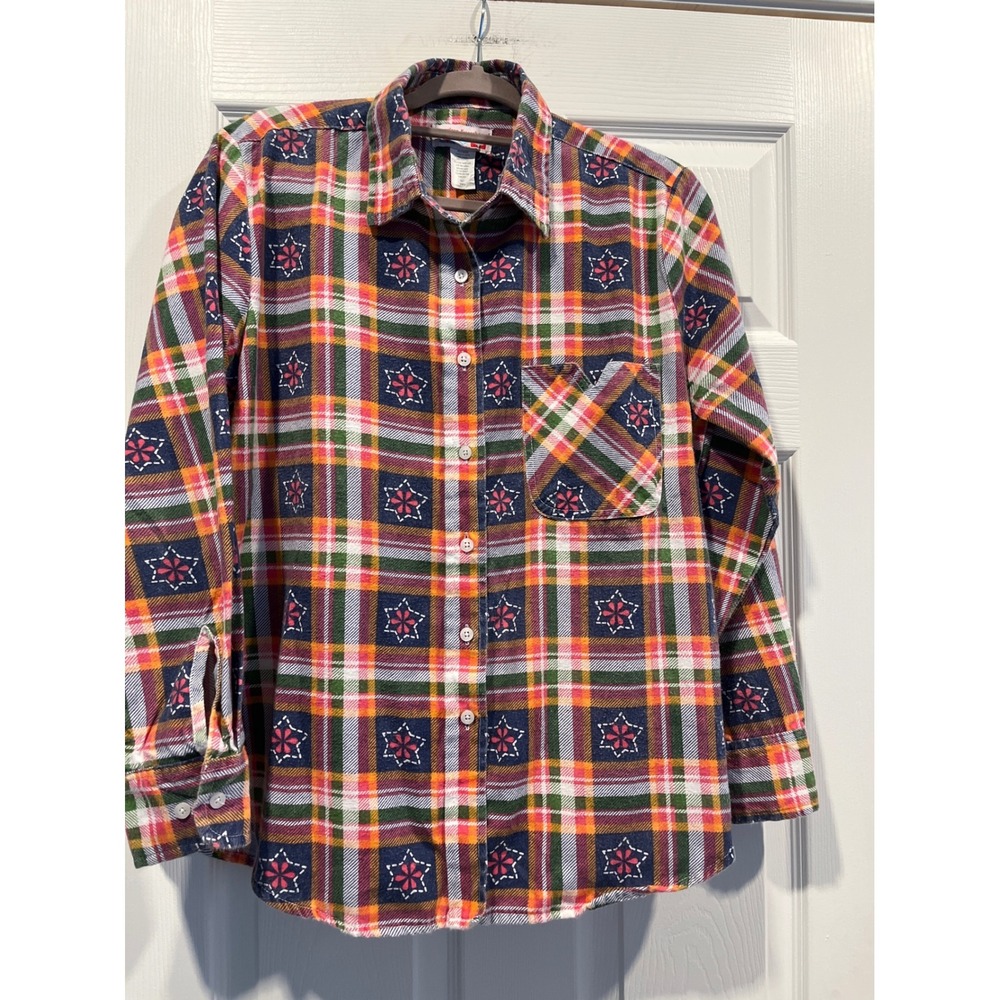 American Sweetheart Plaid Embroidered Snowflake Button Up Shirt L Multi Color